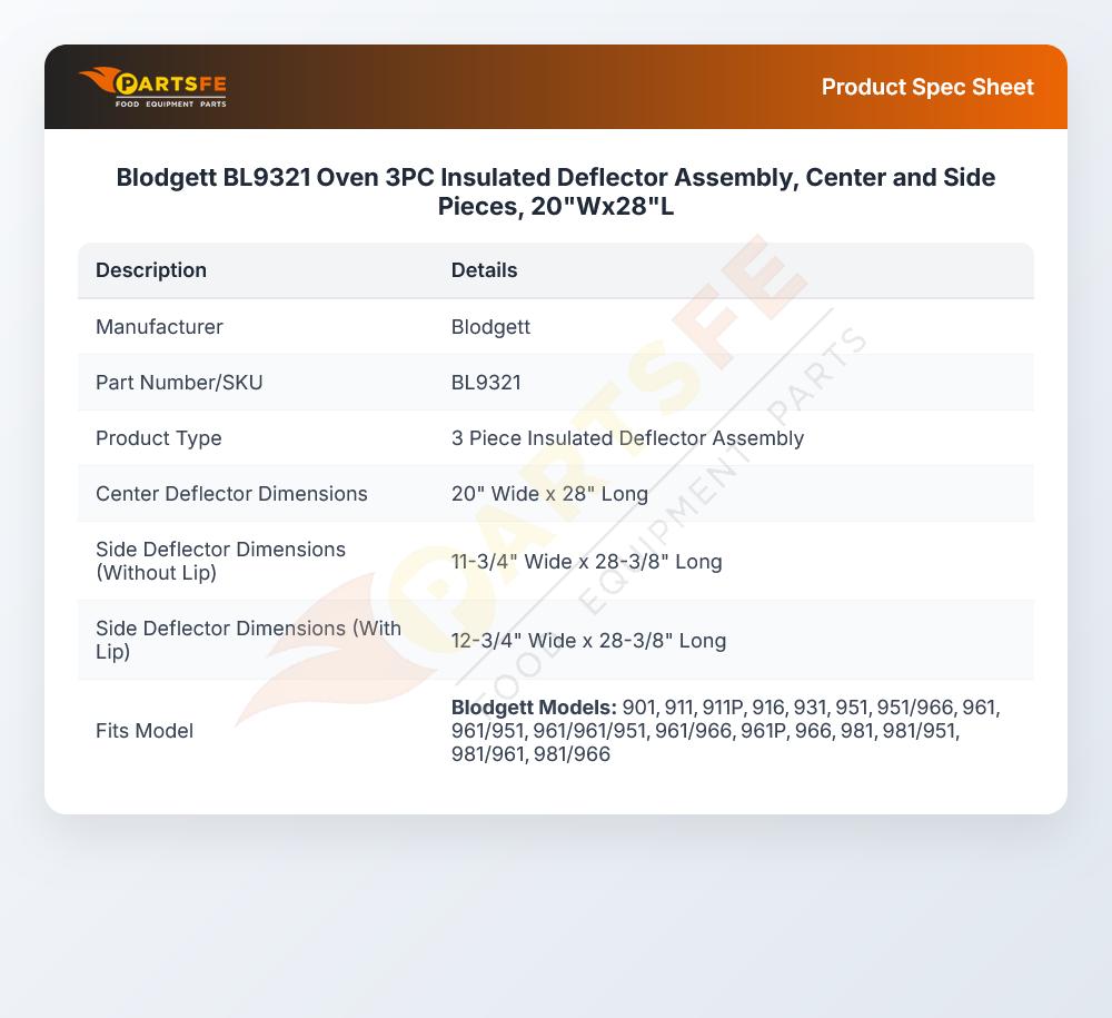 Blodgett BL9321 Insulated Deflector Assembly 3PC 20"W X 28"L