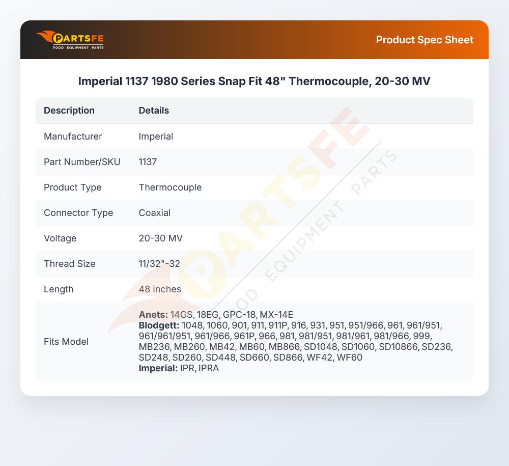 Imperial 1137 1980 Series Snap Fit 48" Thermocouple, 20-30 MV