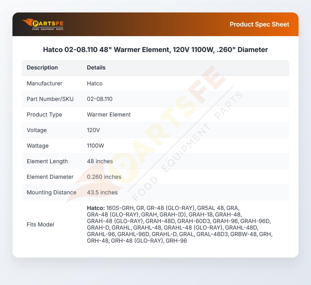 Hatco 02-08.110 48" Warmer Element, 120V 1100W, .260" Diameter