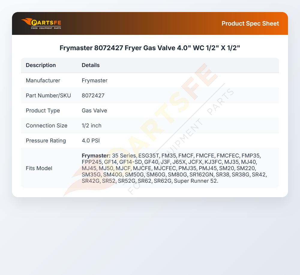 Frymaster 8072427 Fryer Gas Valve 4.0" WC 1/2" X 1/2"