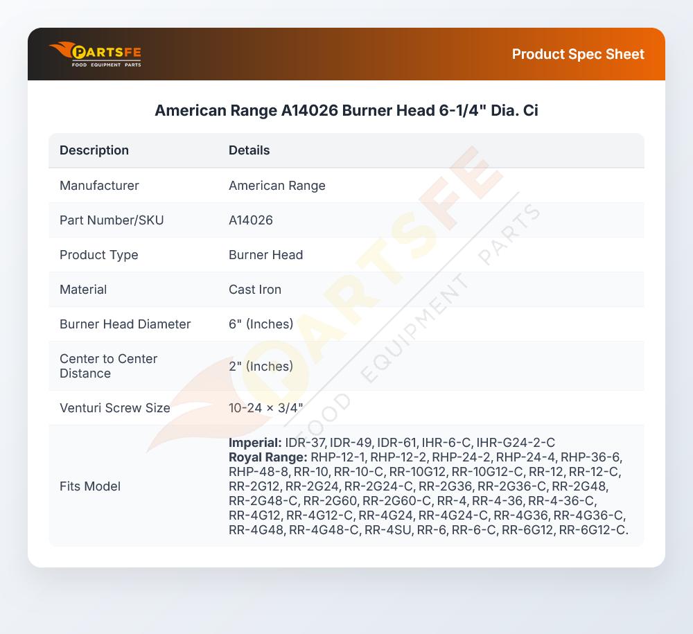 American Range A14026 Burner Head Cast Iron 6" DIA