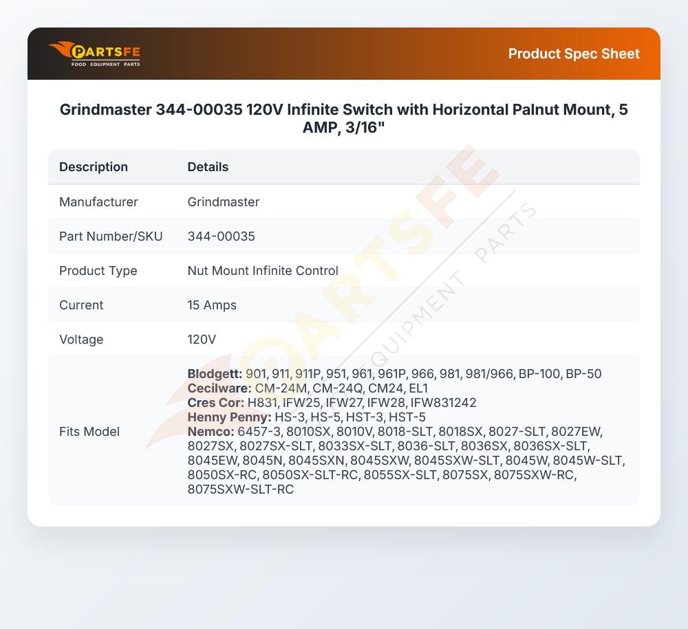 Grindmaster 344-00035 Infinite Switch 120V