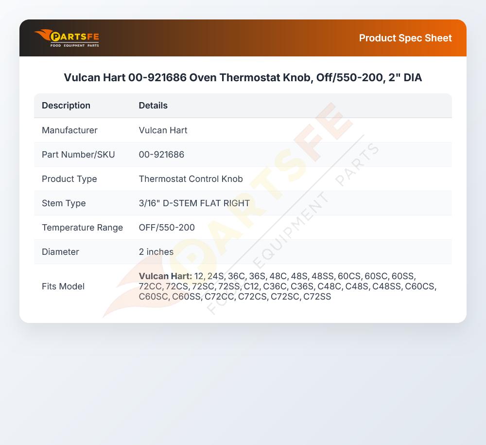 Vulcan Hart 00-921686 Range Thermostat Knob 200&deg;F-550&deg;F 2" DIA