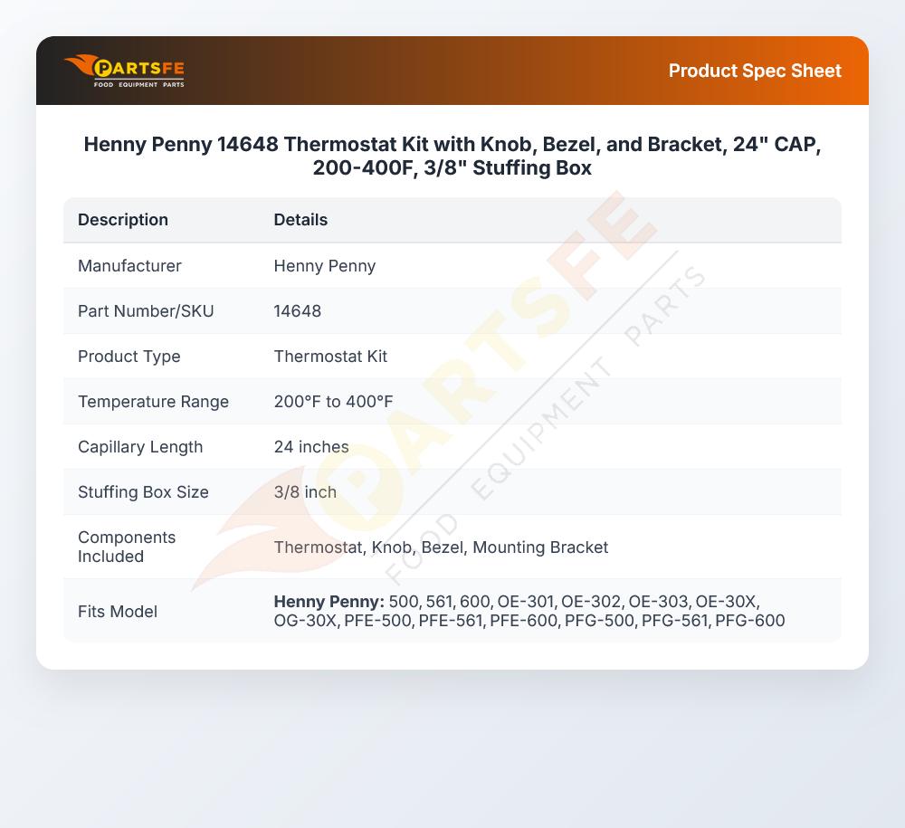 Henny Penny 14648 Fryer Thermostat Kit W/Knob 5-1/2" X 5/16" 200&deg;F-400&deg;F 3/8" Stuffing Box 24" CAP