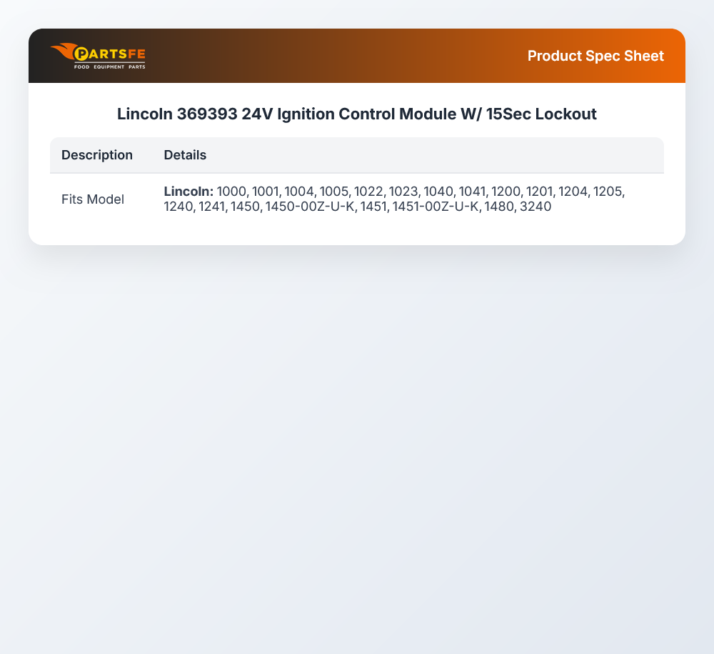 Lincoln 369393 Oven Ignition Control Module W/15-Sec Lockout 24V