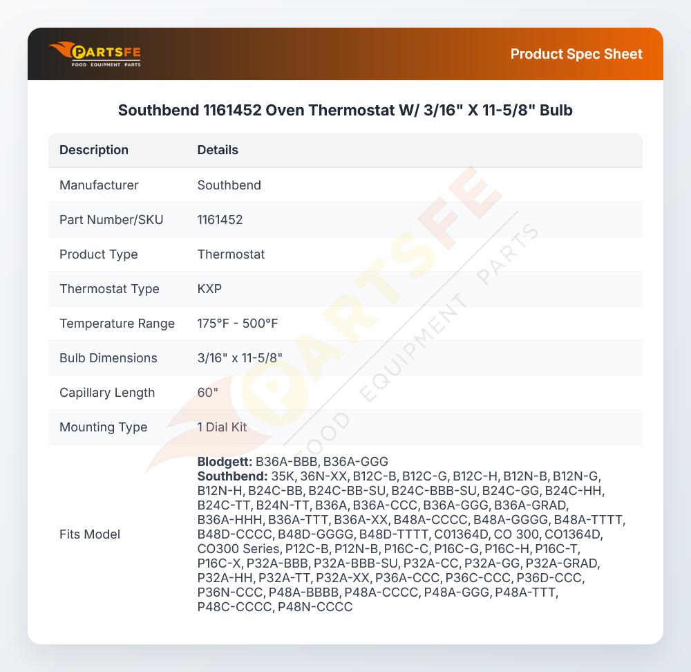 Southbend 1161452 Range Thermostat W/Dial 3/16" X 11-5/8" KXP