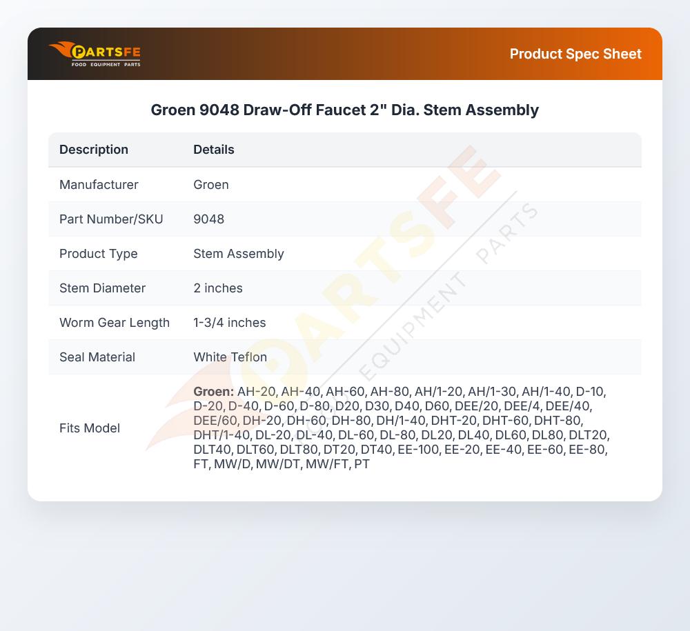 Groen 9048 Jacketed Kettle Draw-Off Faucet Stem Assembly 2" DIA