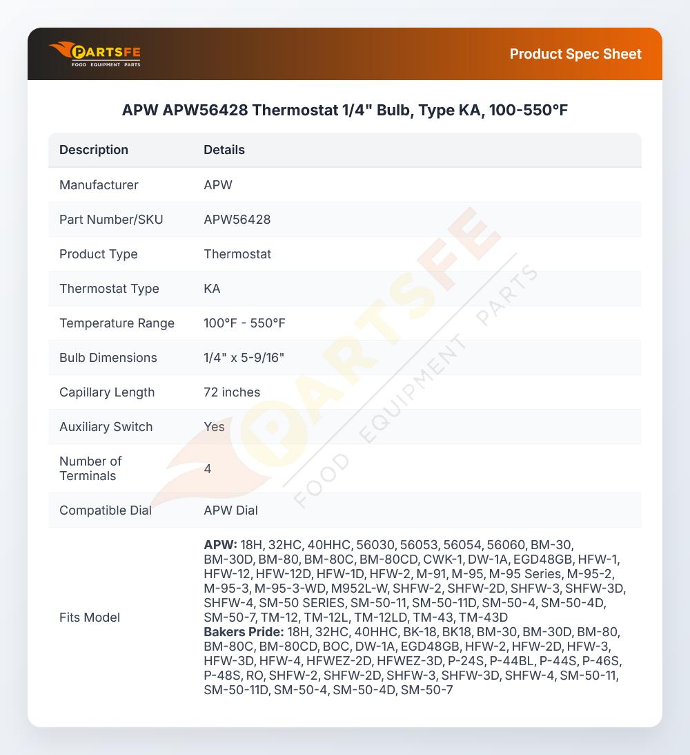 APW APW56428 Thermostat 1/4" 100&deg;F-550&deg;F 72" CAP KA