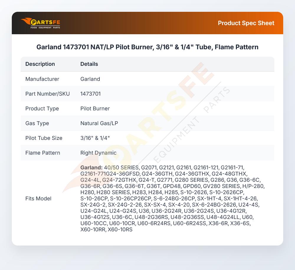 Garland 1473701 NAT/LP Pilot Burner, 3/16" & 1/4" Tube, Flame Pattern