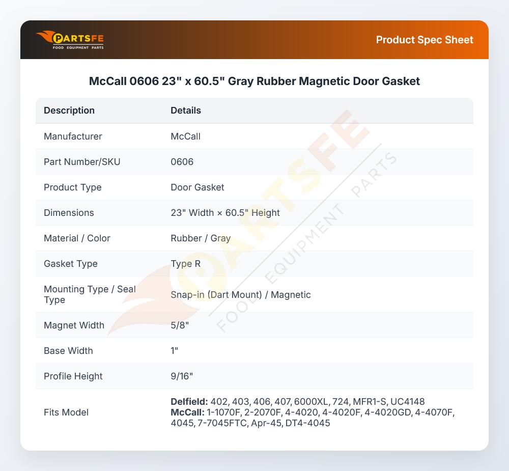 McCall 0606 23" x 60.5" Gray Rubber Magnetic Door Gasket