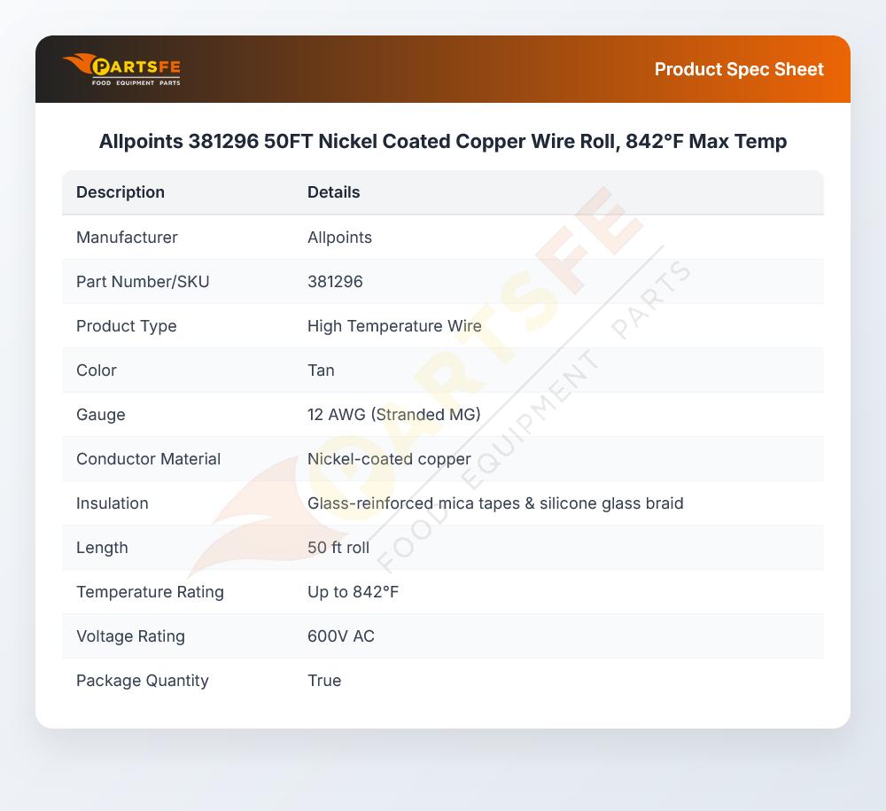 Allpoints 381296 50FT Nickel Coated Copper Wire Roll, 842&deg;F Max Temp