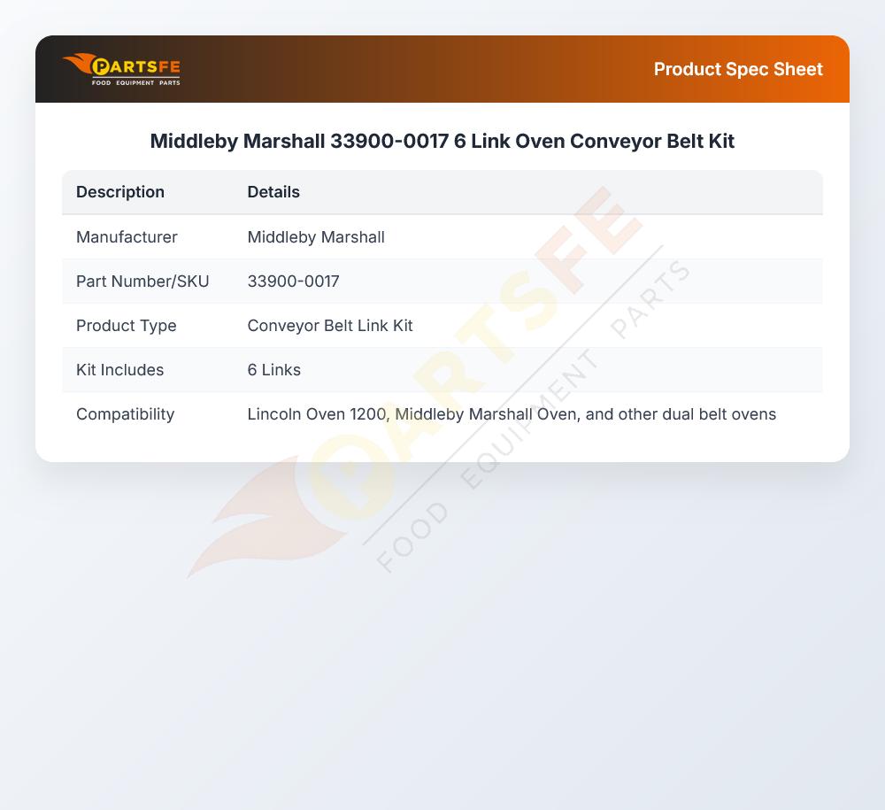 Middleby Marshall 33900-0017 6 Link Oven Conveyor Belt Kit