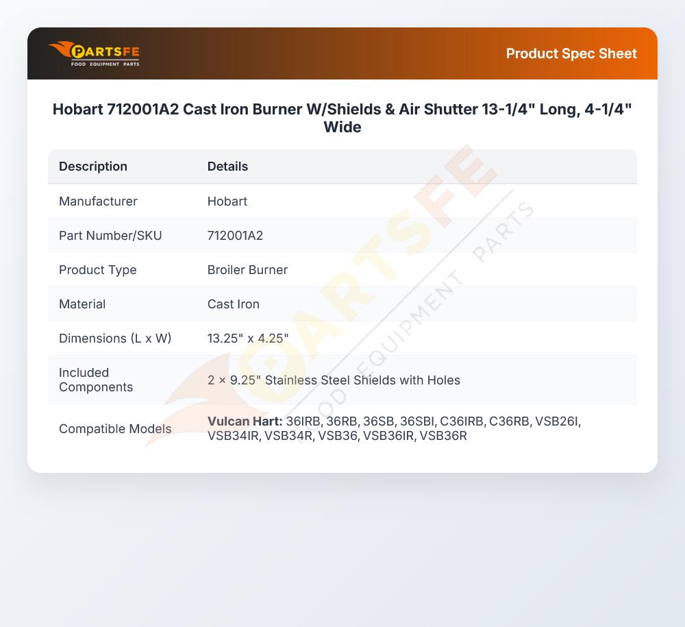 Hobart 712001A2 Cast Iron Burner W/Shields & Air Shutter 13-1/4" Long 4-1/4" Wide