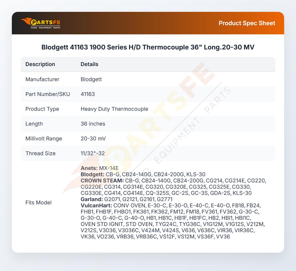 Blodgett 41163 1900 Series H/D Thermocouple 36" Long.20-30 MV