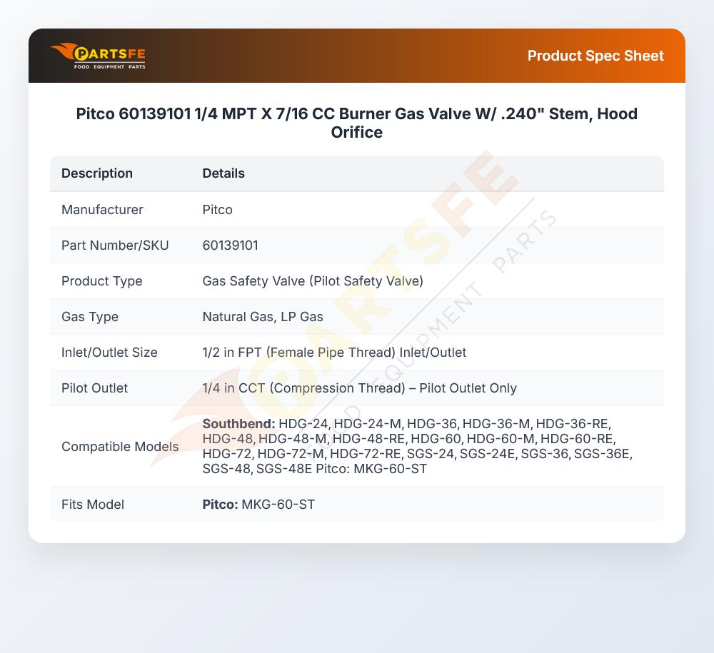 Pitco 60139101 Griddle Burner Gas Valve W/.240" Stem Hood Orifice 1/4" MPT X 7/16" CC