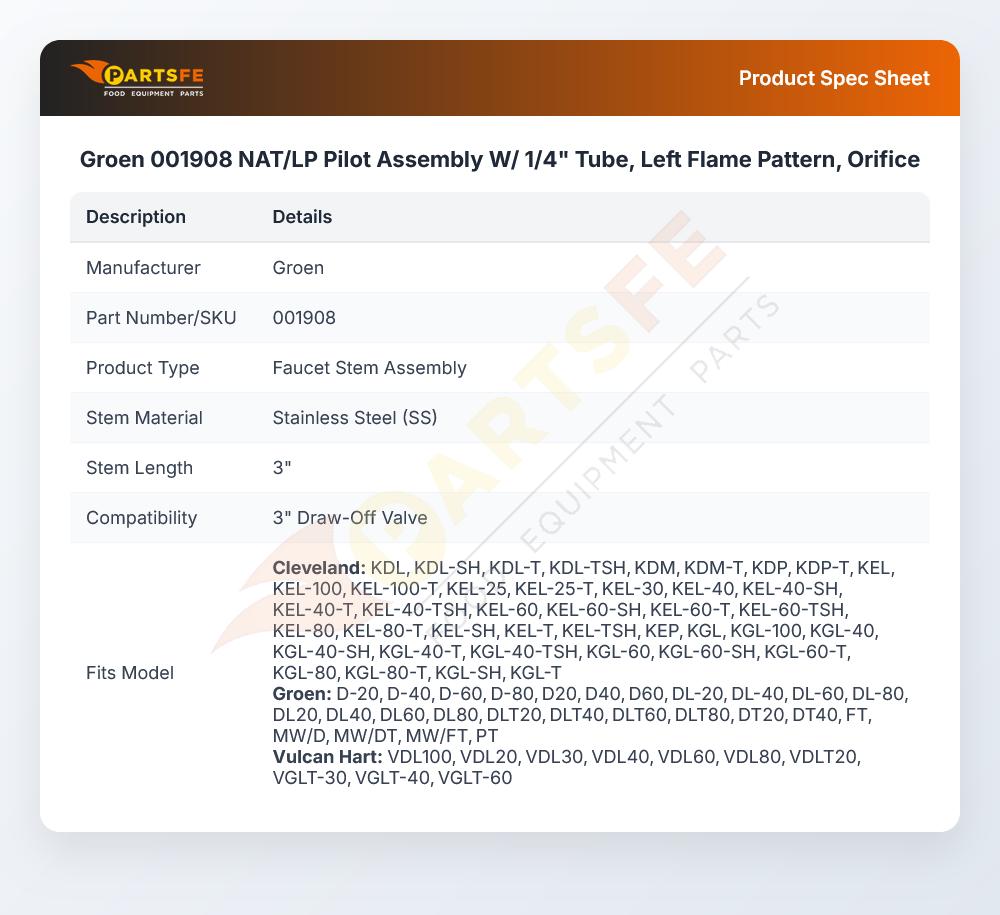 Groen 001908 Jacketed Kettle Stem Valve Assembly 3" TD-3