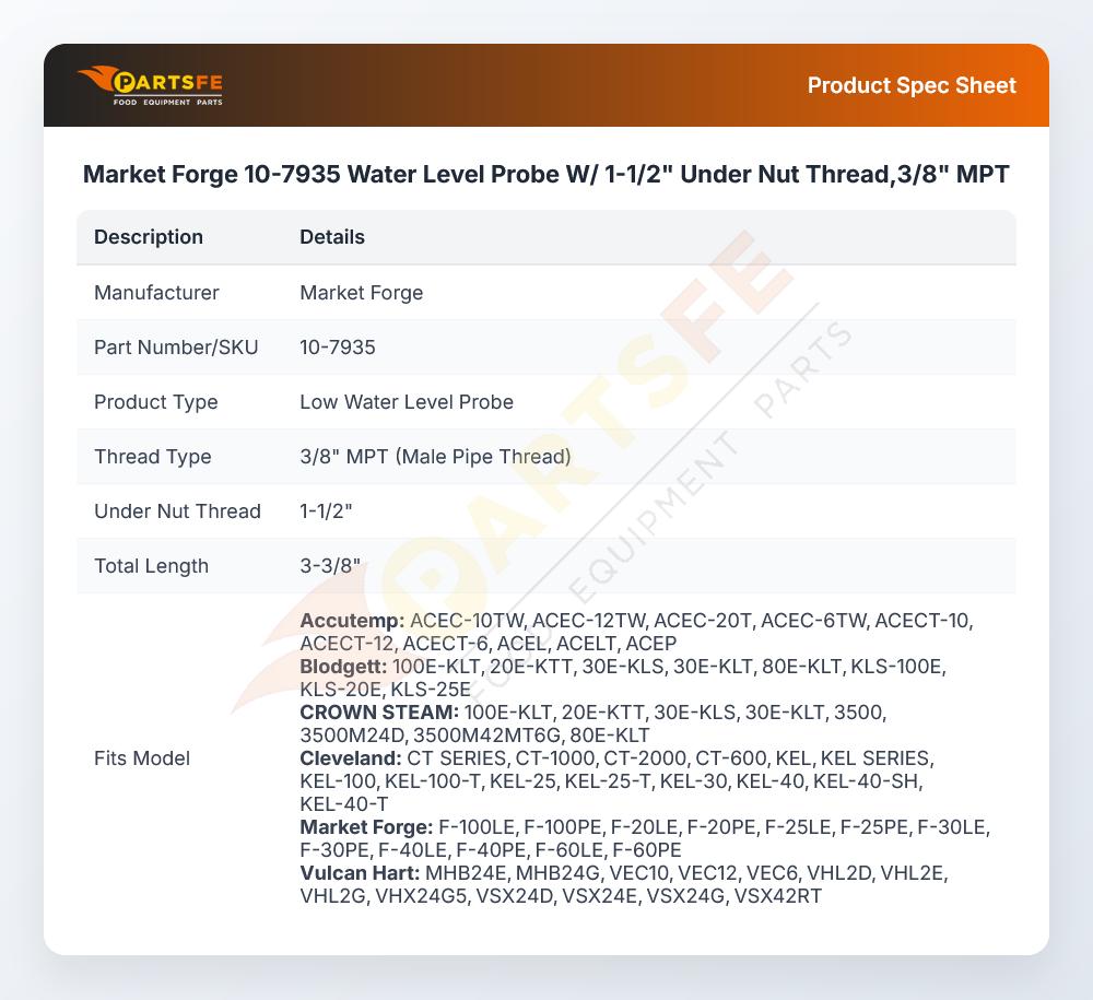 Market Forge 10-7935 Convection Steamer Water Level Probe W/1-1/2" Under Nut Thread 3/8" MPT