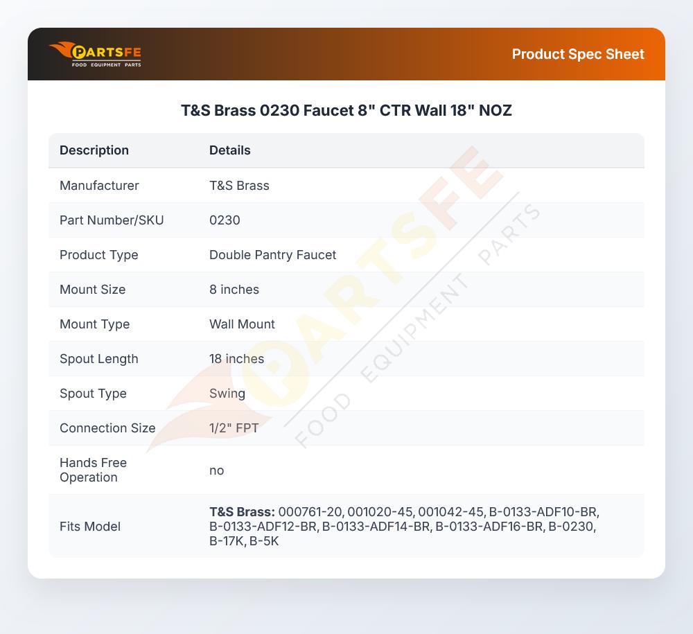 T&S Brass 0230 Wall Mount Faucet 8" CTR 18" NOZ