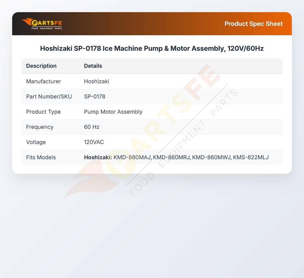 Hoshizaki SP-0178 Ice Machine Pump & Motor Assembly, 120V/60Hz