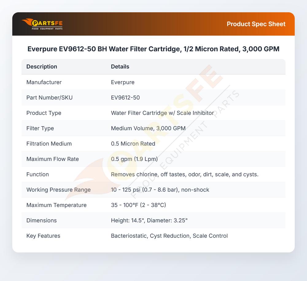 Everpure EV9612-50 Water Filter Cartridge 1/2 Micron Rated 3,000 GPM BH