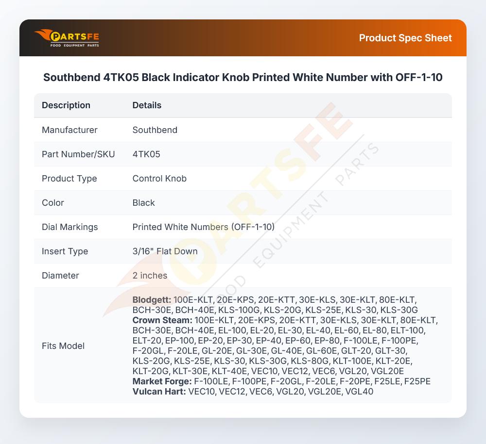 Southbend 4TK05 Black Indicator Knob Printed White Number with OFF-1-10
