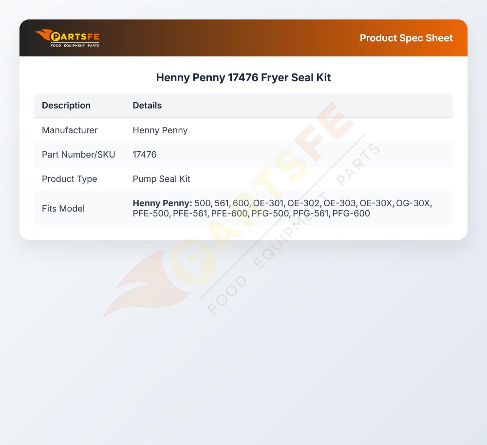 Henny Penny 17476 Fryer Seal Kit