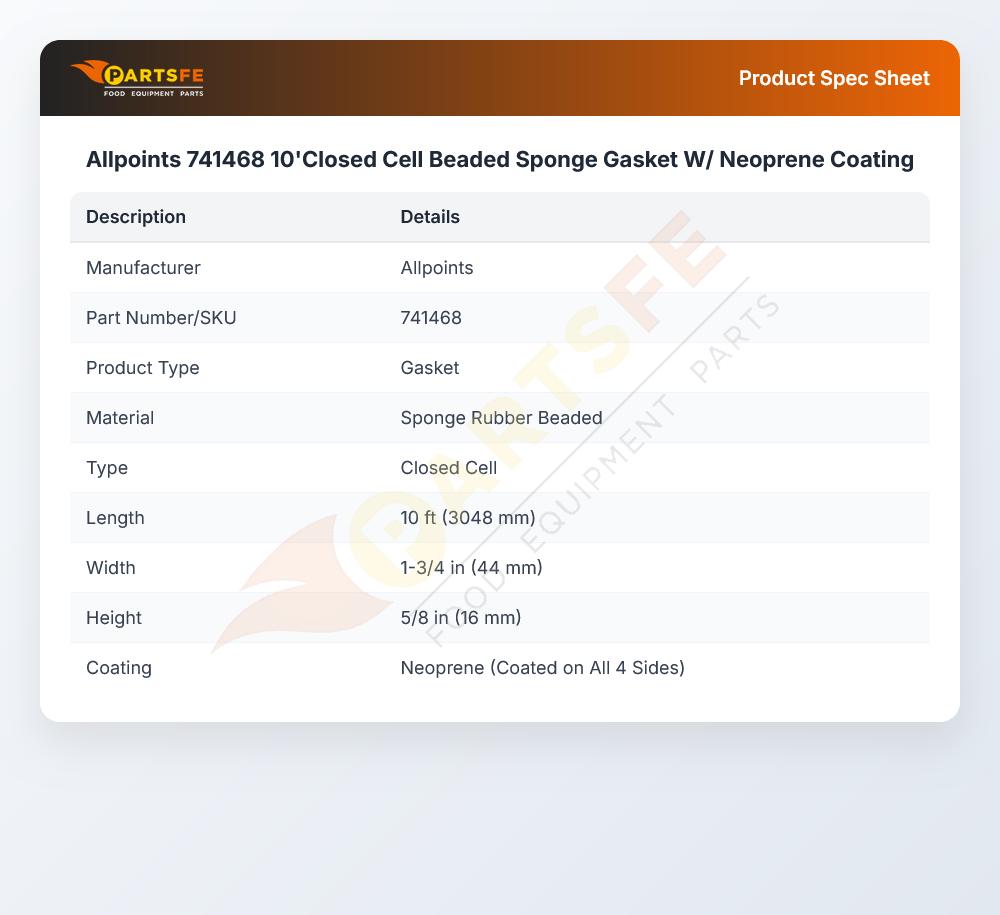 Allpoints 741468 10'Closed Cell Beaded Sponge Gasket W/ Neoprene Coating