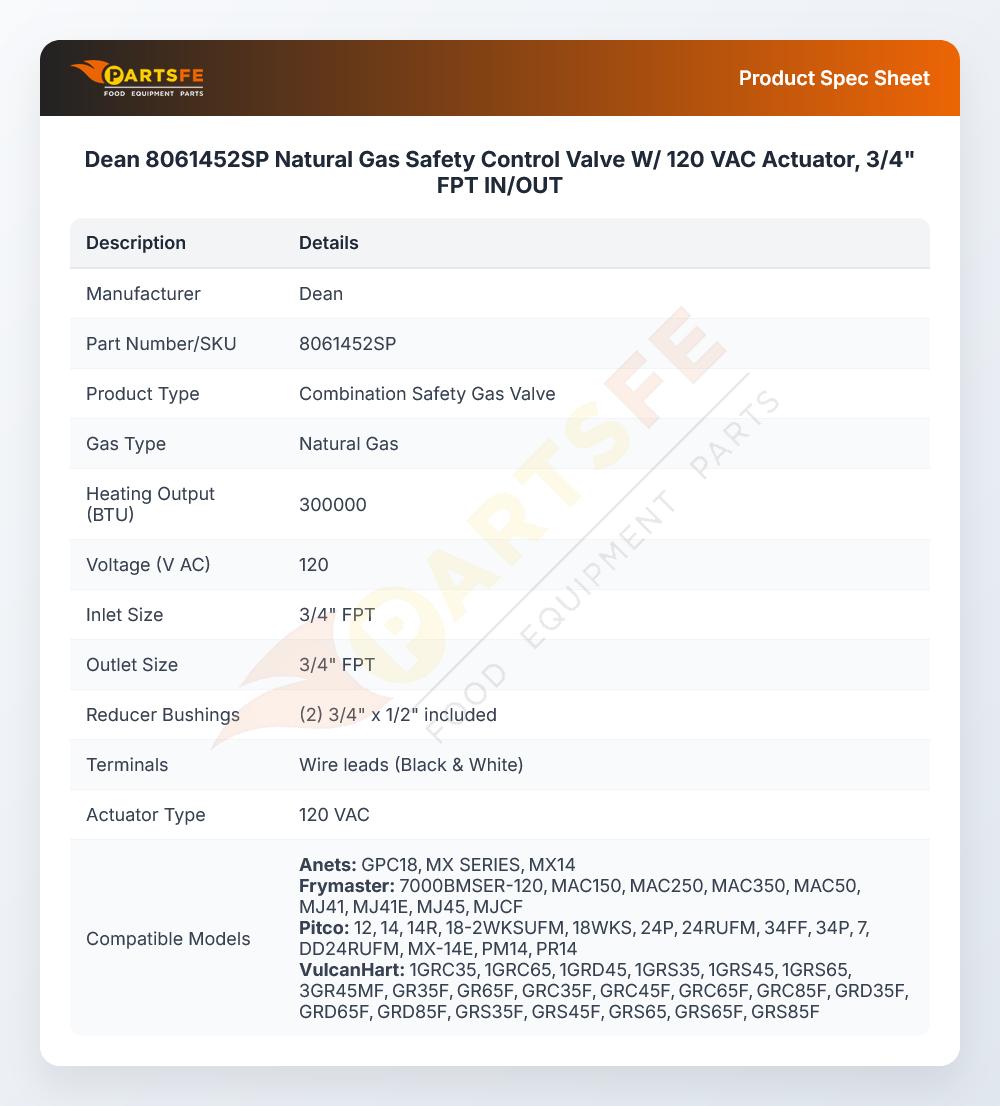 Dean 8061452SP Natural Gas Safety Control Valve 120V 60Hz