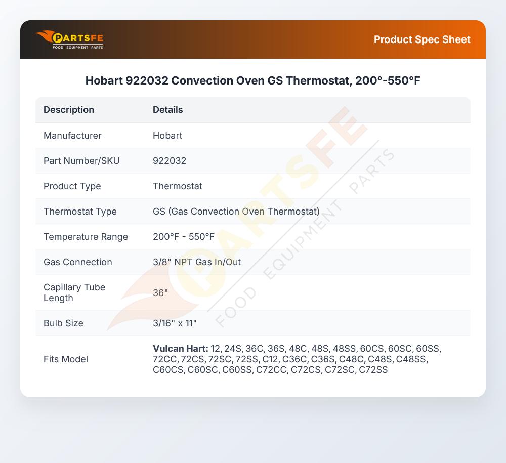 Hobart 922032 Thermostat GS 200&deg;-550&deg;F