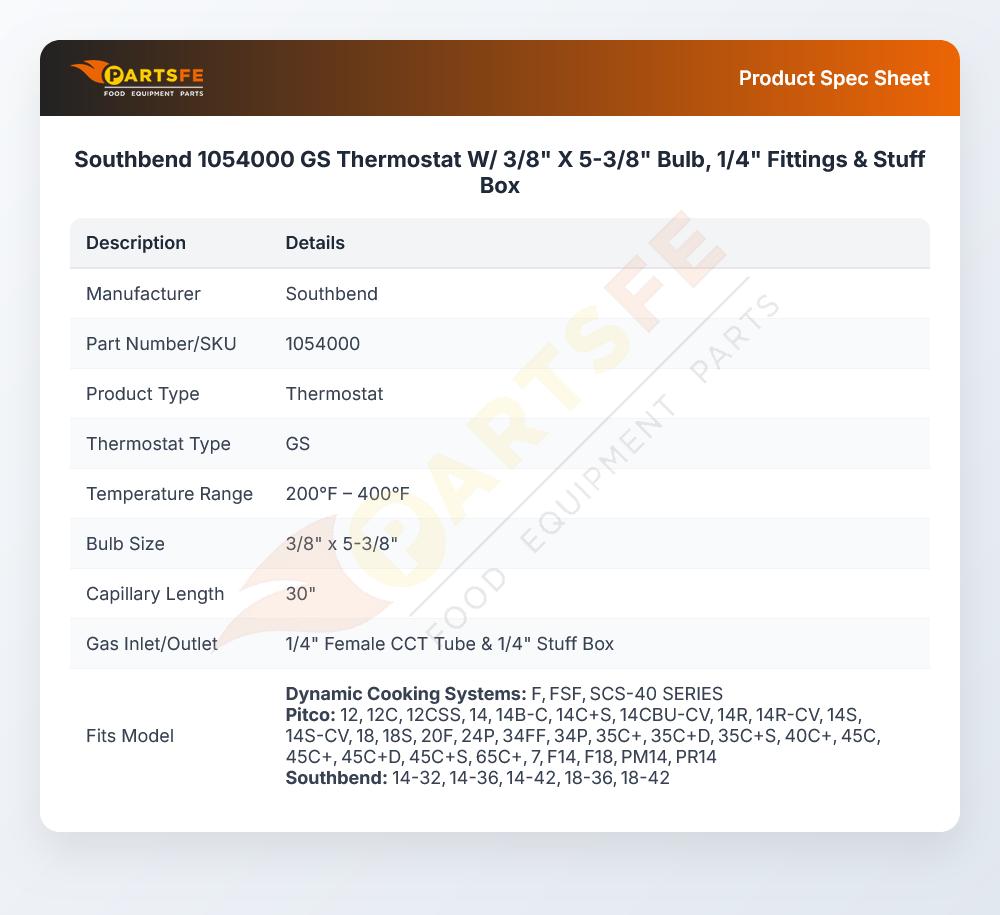 Southbend 1054000 Thermostat 200&deg;F-400&deg;F 28" CAP GS