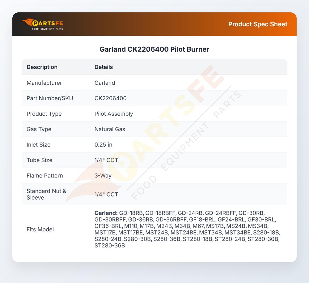 Garland CK2206400 Pilot Burner Natural Gas