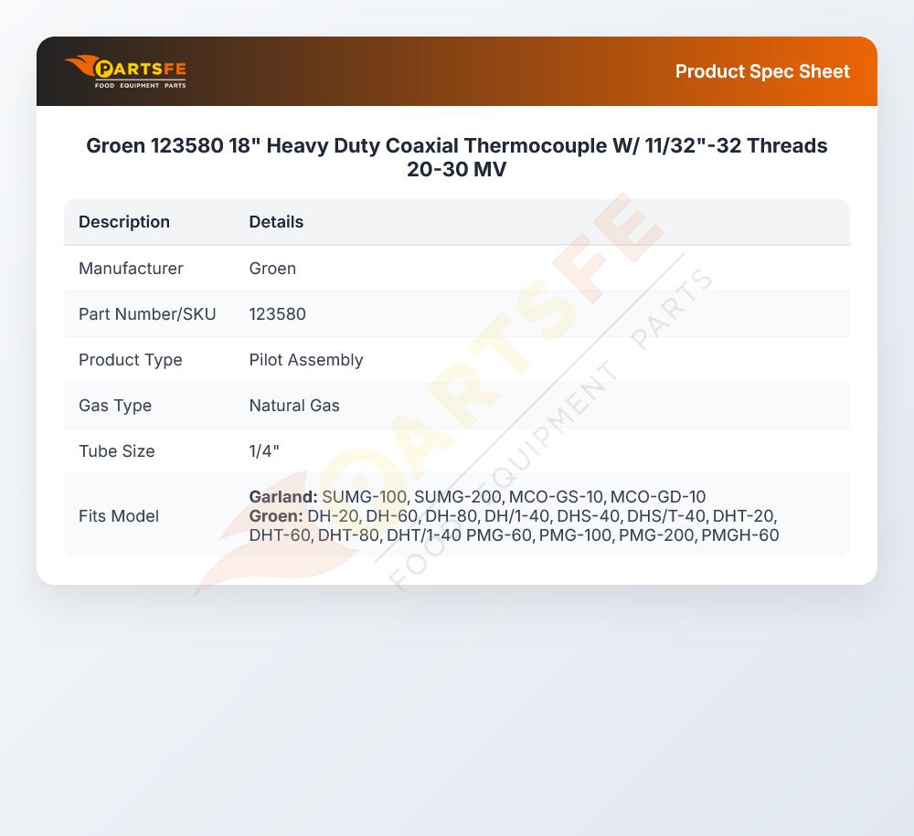 Groen 123580 18" Heavy Duty Coaxial Thermocouple W/ 11/32"-32 Threads 20-30 MV