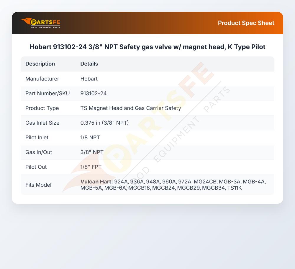 Hobart 913102-24 K-Type Gas Safety Pilot Valve Body & Magnet Head Assembly 3/8" NPT