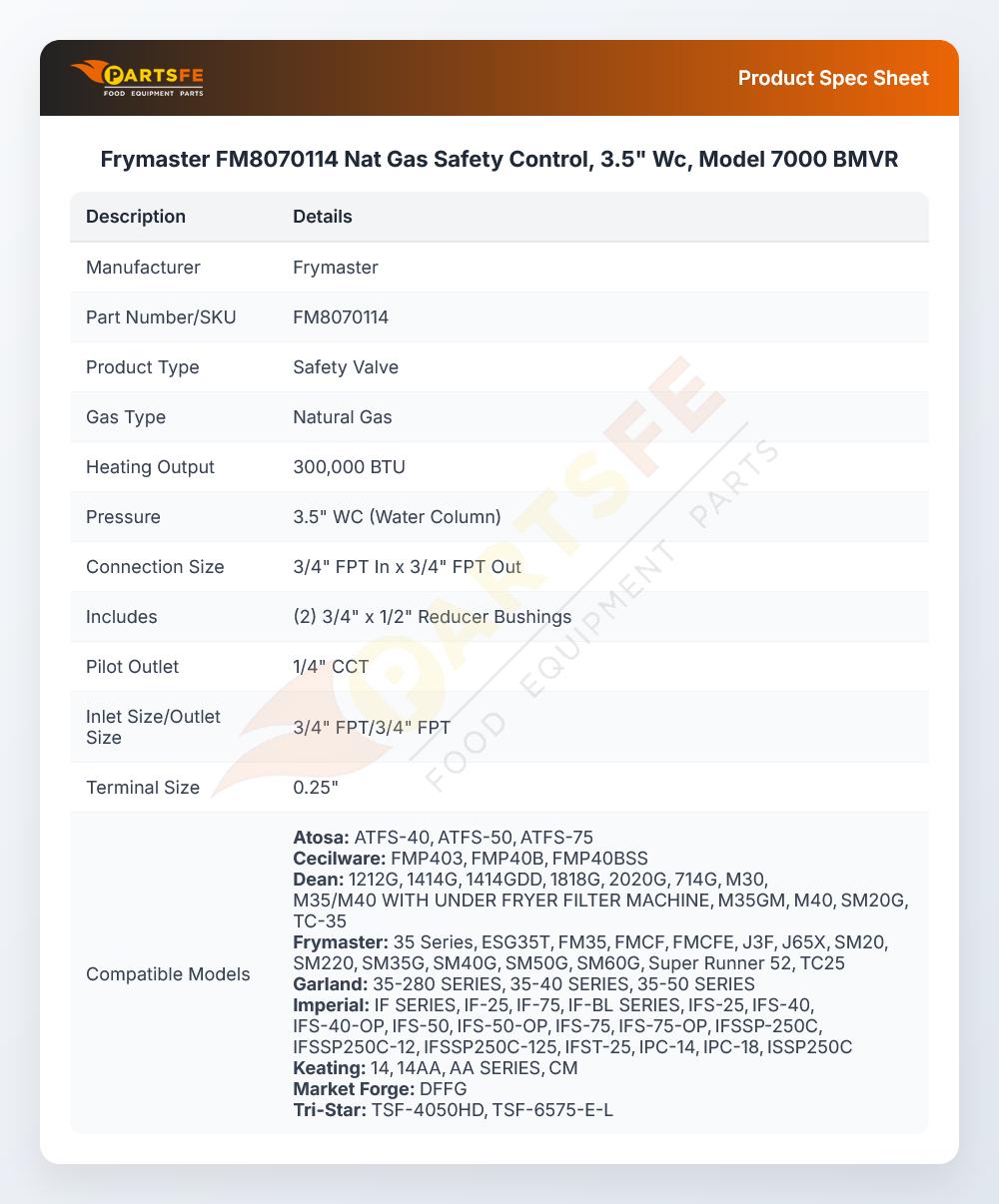 Frymaster FM8070114 Natural Gas Safety Control 3.5" WC Model 7000 BMVR