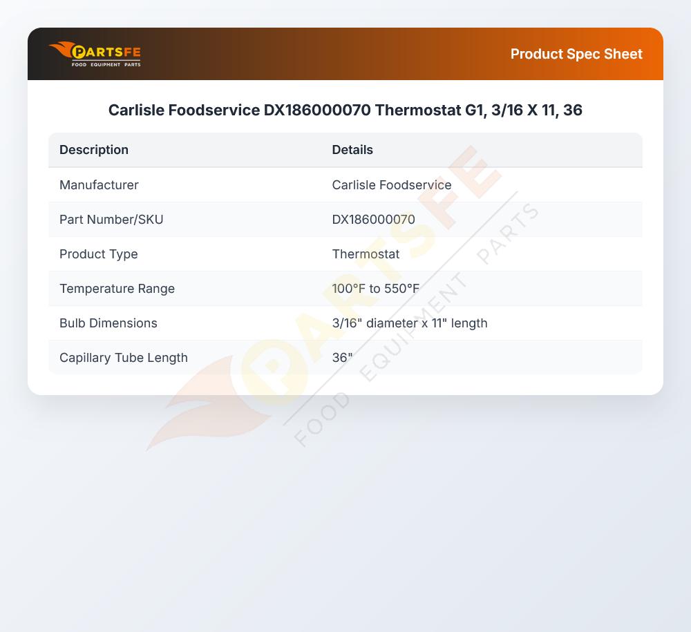 Carlisle Foodservice DX186000070 Thermostat G1 3/16" X 11 36"