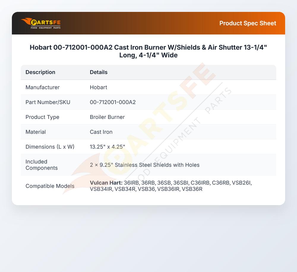 Hobart 00-712001-000A2 Burner W/Shields & Air Shutter Cast Iron