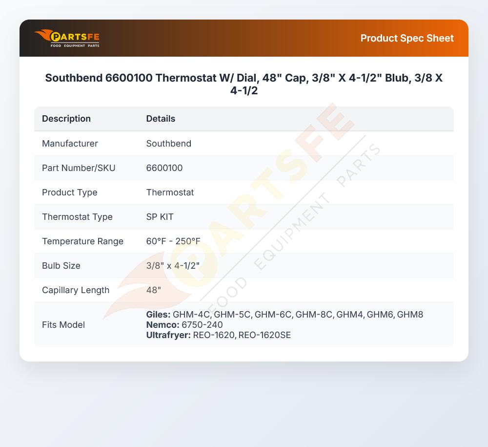 Southbend 6600100 Thermostat W/Dial 3/8" X 4-1/2" 48" CAP