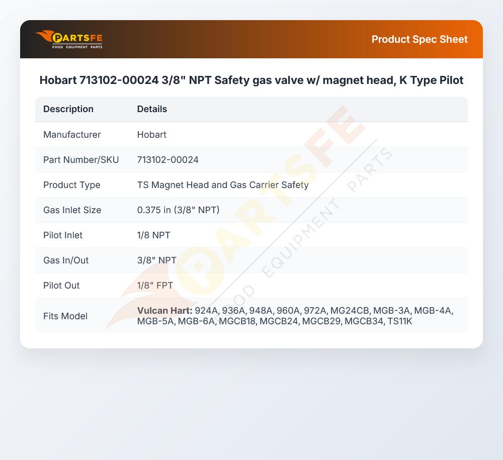 Hobart 713102-00024 K-Type Gas Safety Pilot Valve Body & Magnet Head Assembly 3/8" NPT