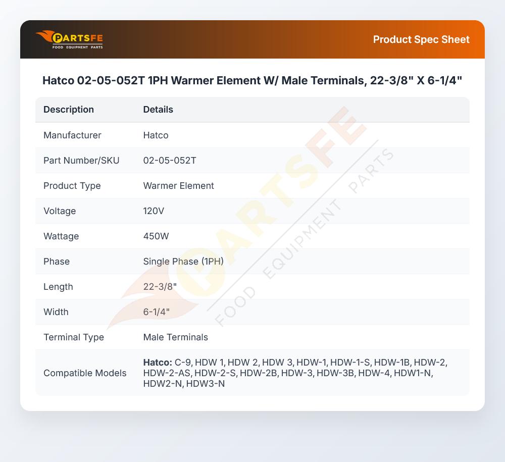 Hatco 02-05-052T 1PH Warmer Element W/ Male Terminals, 22-3/8" X 6-1/4"