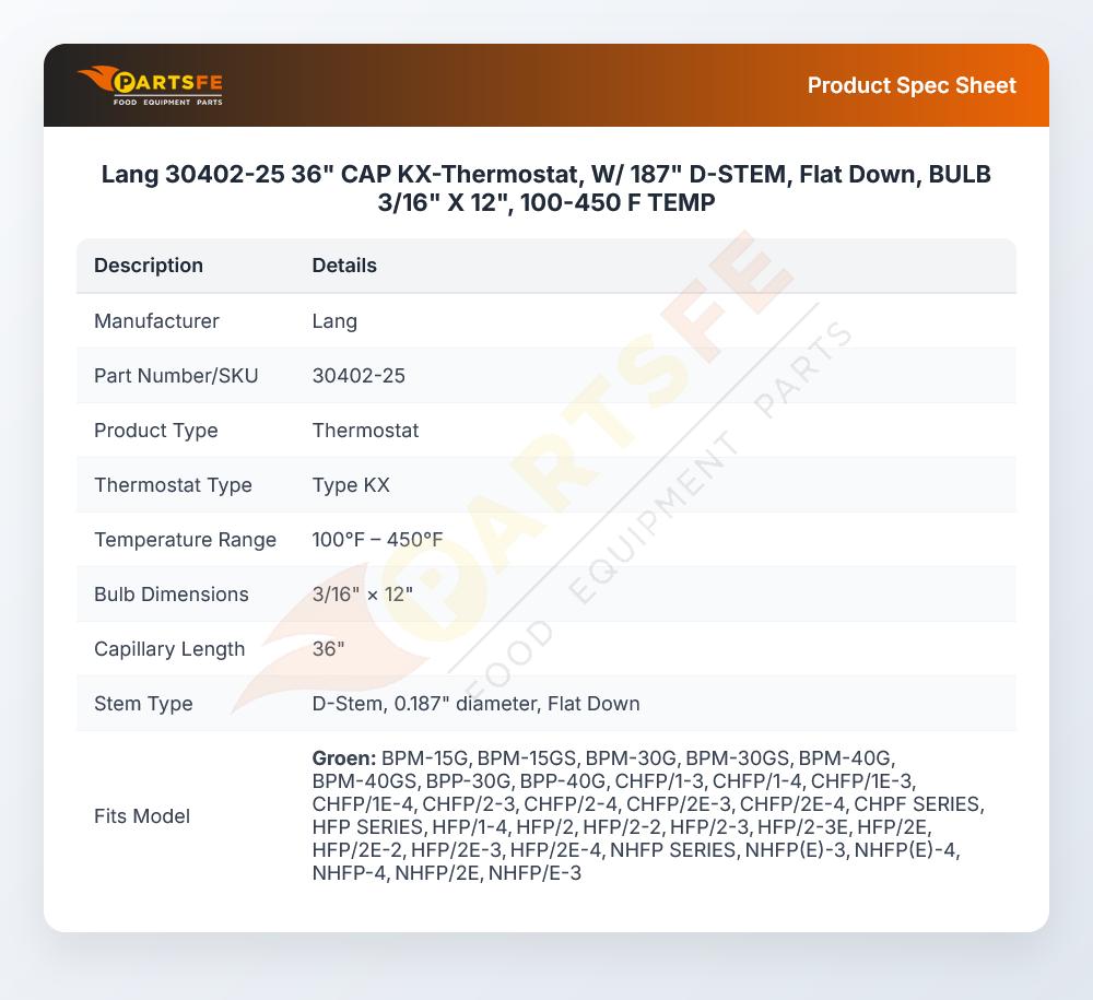 Lang 30402-25 KX Thermostat 24" Cap 450&deg;F