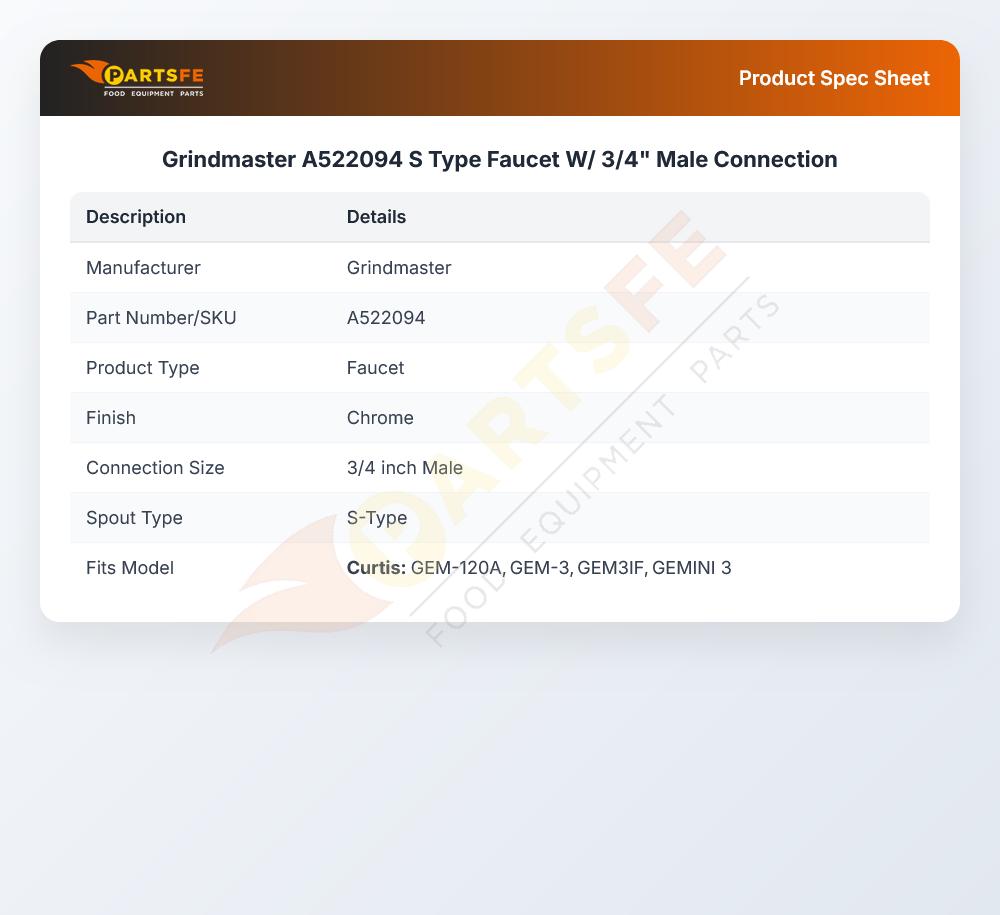 Grindmaster A522094 S Type Faucet W/ 3/4" Male Connection
