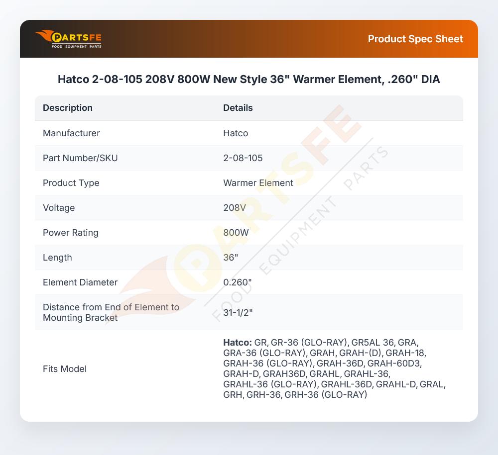 Hatco 2-08-105 208V 800W New Style 36" Warmer Element, .260" DIA