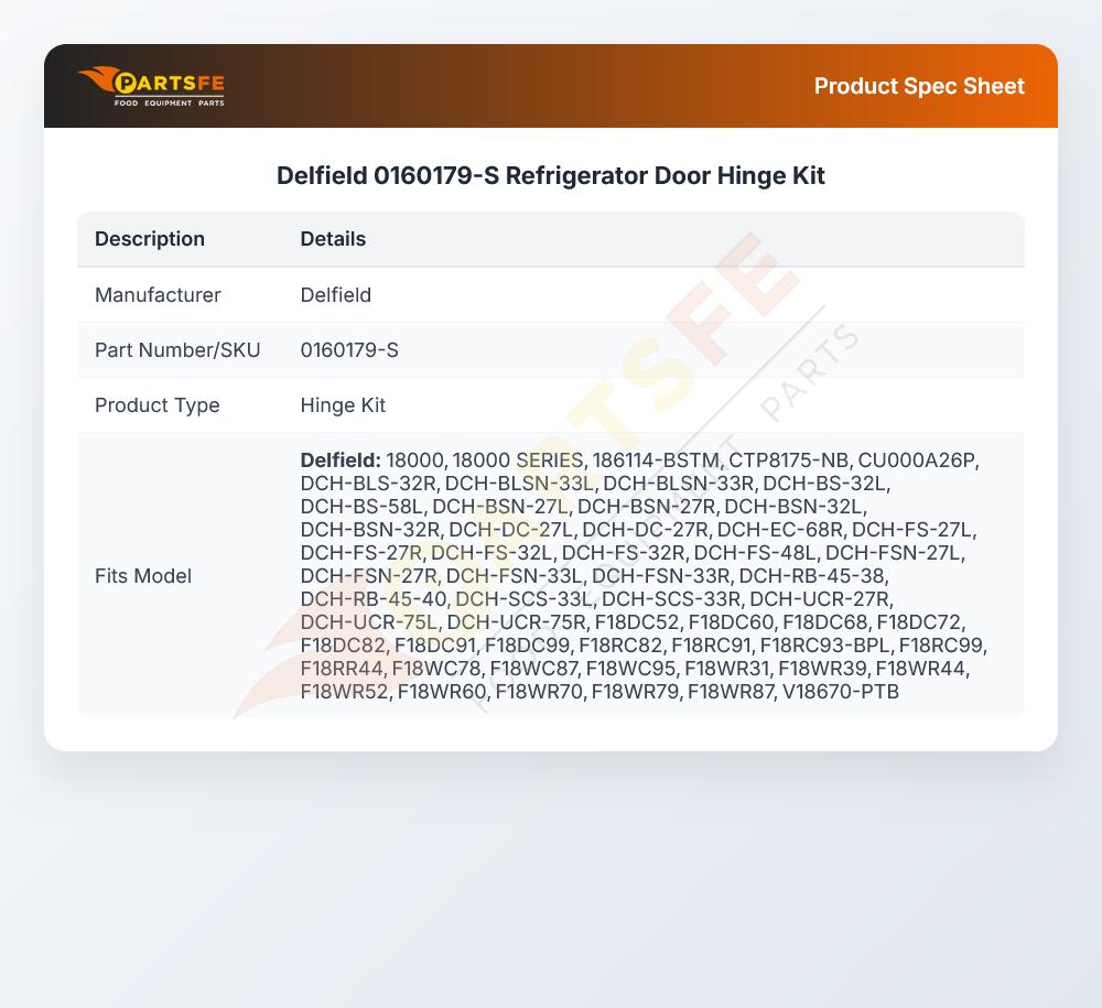 Delfield 0160179-S Refrigerator Door Hinge Kit