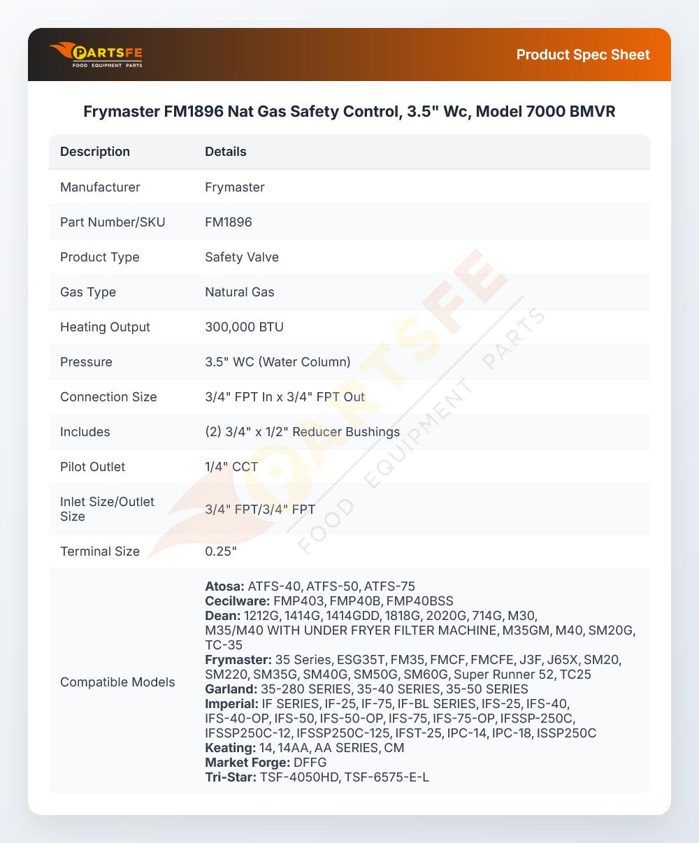 Frymaster FM1896 Natural Gas Safety Control 3.5" WC Model 7000 BMVR