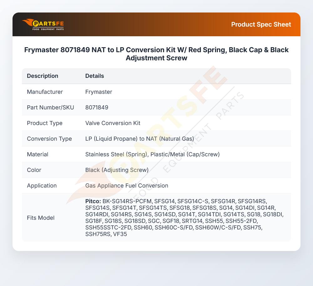 Frymaster 8071849 NAT to LP Conversion Kit W/Red Spring Black Cap & Black Adjustment Screw