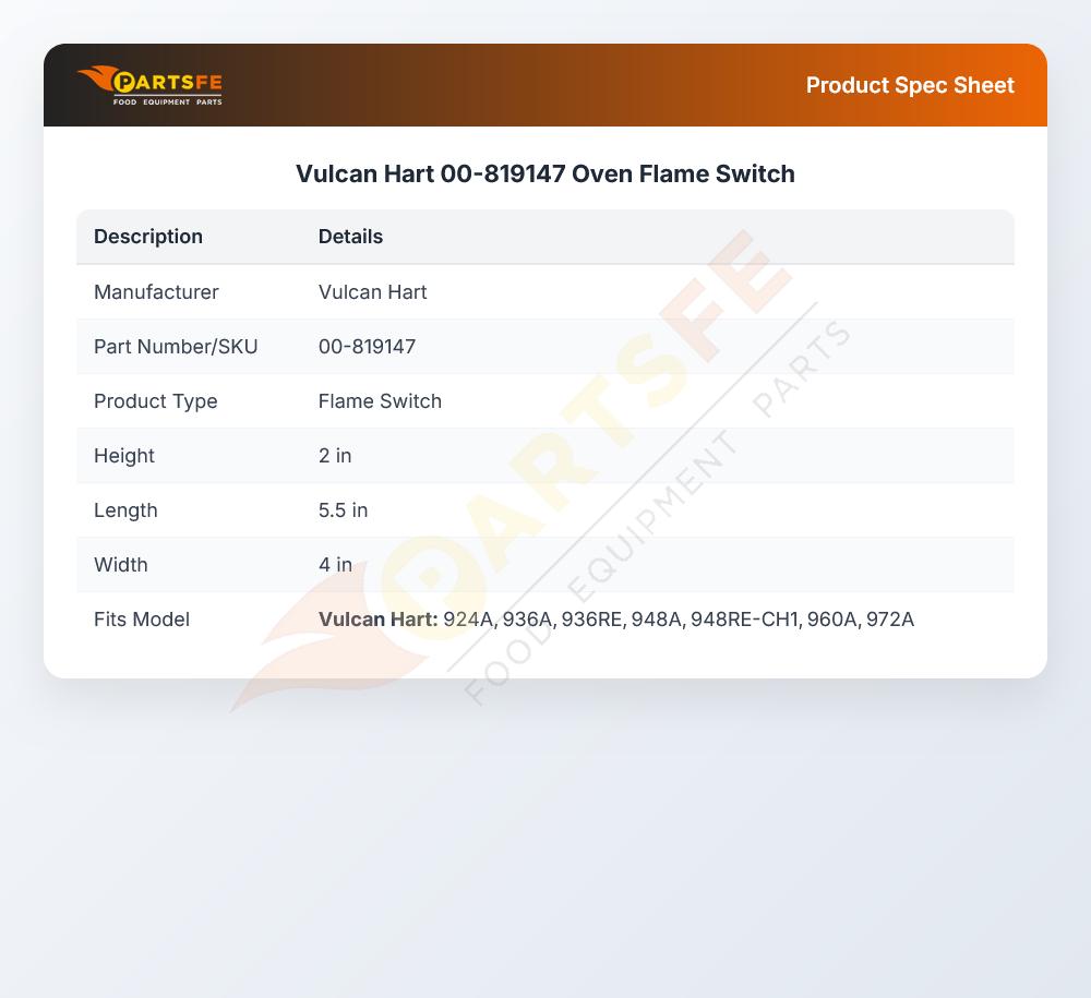Vulcan Hart 00-819147 Oven Flame Switch