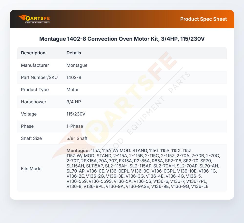 Montague 1402-8 Convection Oven Motor Kit 3/4HP 115/230V 1PH