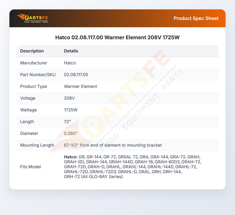 Hatco 02.08.117.00 Warmer Element 208V 1725W