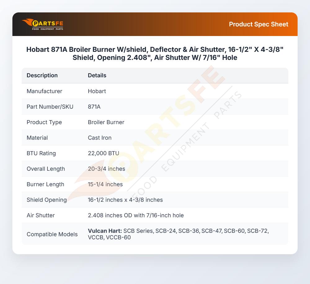 Hobart 871A Burner W/Shield Deflector & Air Shutter CI 2.408" OD 7/16" Hole 16-1/2" X 4-3/8"