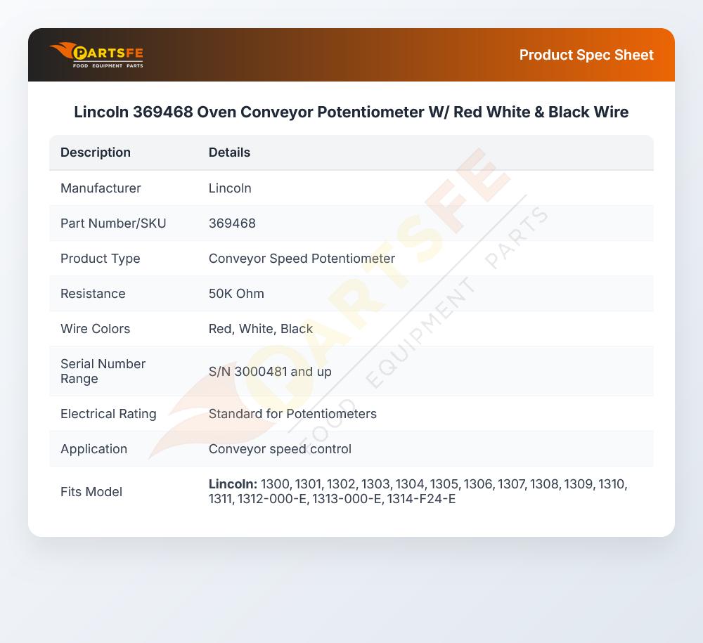 Lincoln 369468 Oven Conveyor Potentiometer W/ Red White & Black Wire